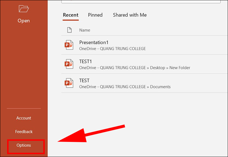 Vào File chọn Options